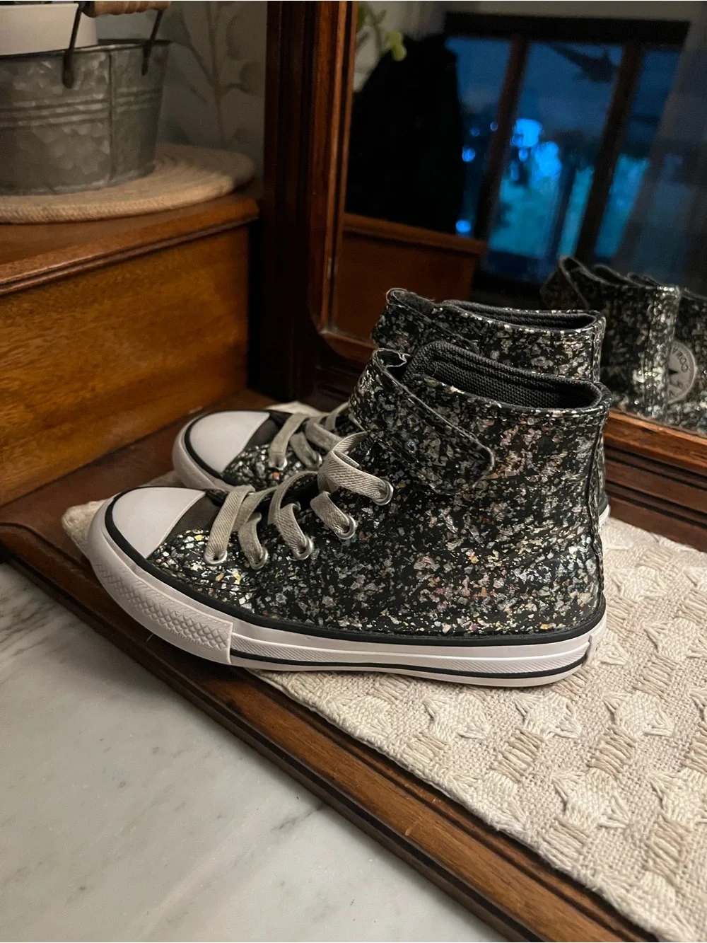 CONVERSE All Star High Top Casual Sneakers Coated Glitter Black Silver Girl's 13